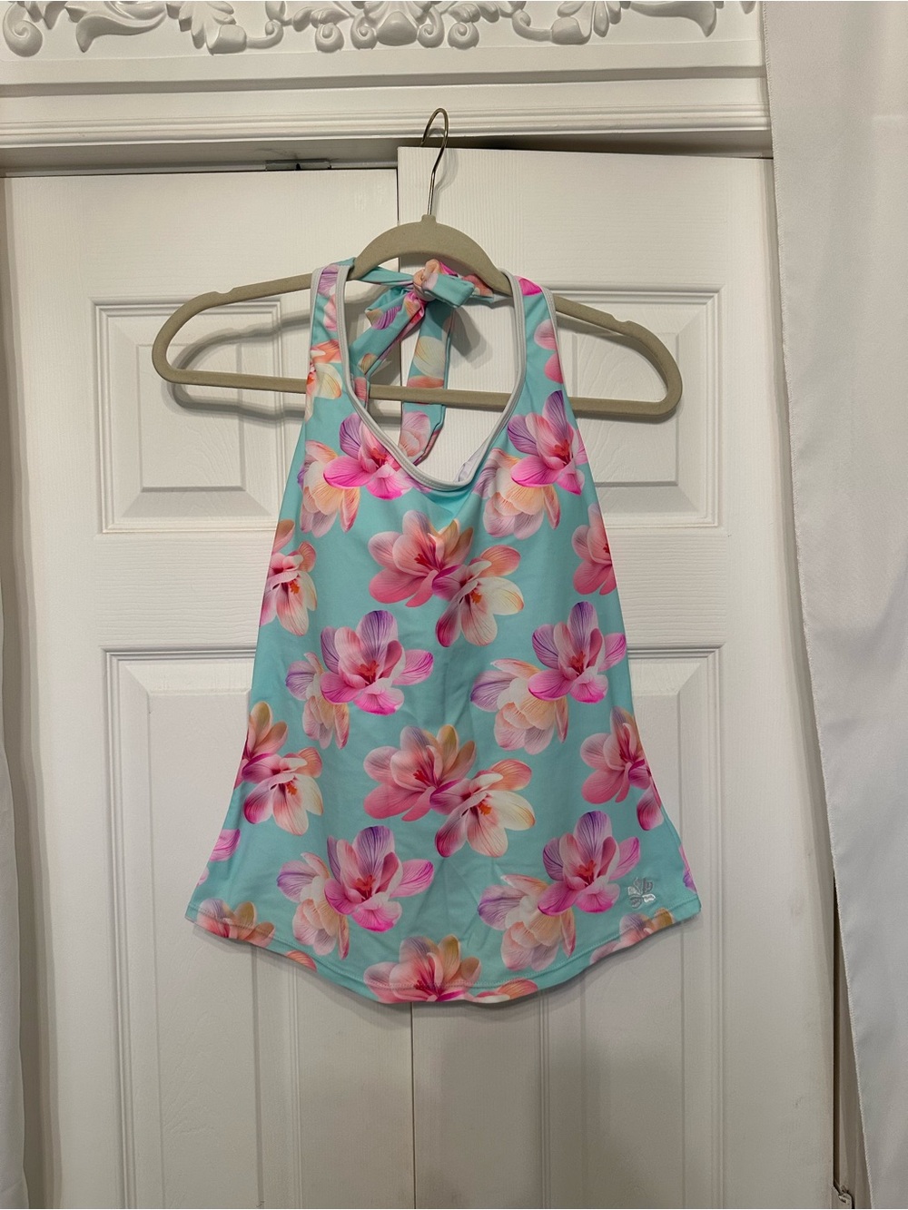 Hapari Sport Floral Halter Tankini Petunia Pop Aqua with Pink Flowers